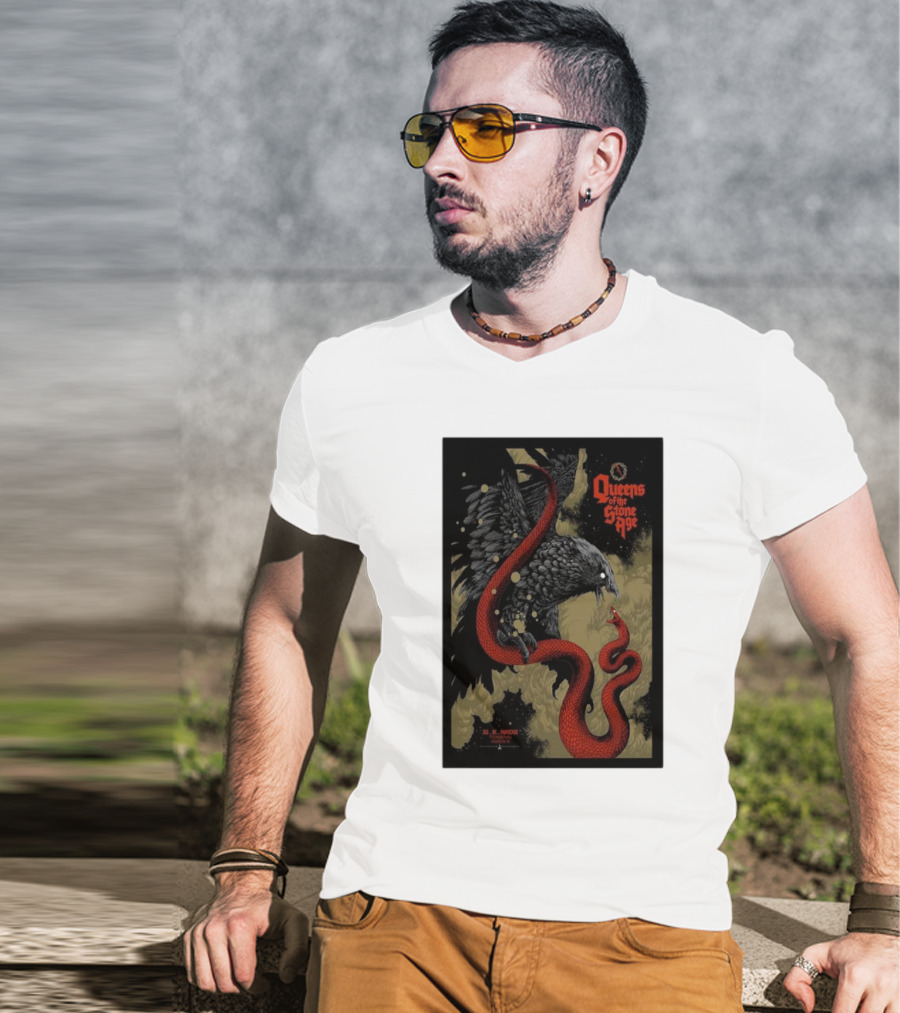 Queens Of The Stone Age R Mederos Art With Red Snake And Black Bird December 9 T-Shirt