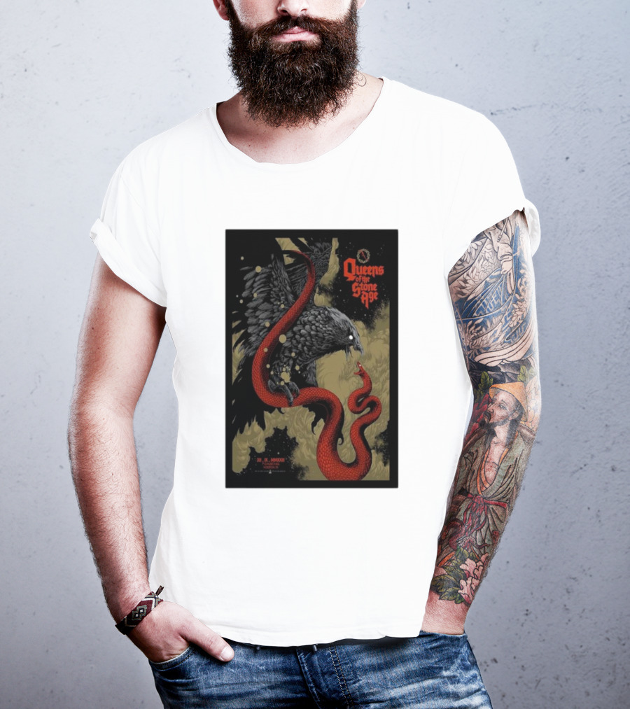 Queens Of The Stone Age R Mederos Art With Red Snake And Black Bird December 9 T-Shirt