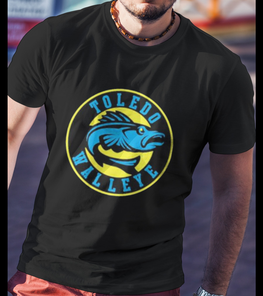 Toledo Walleye Logo Blue Fish Black Yellow Circular Badge T-Shirt