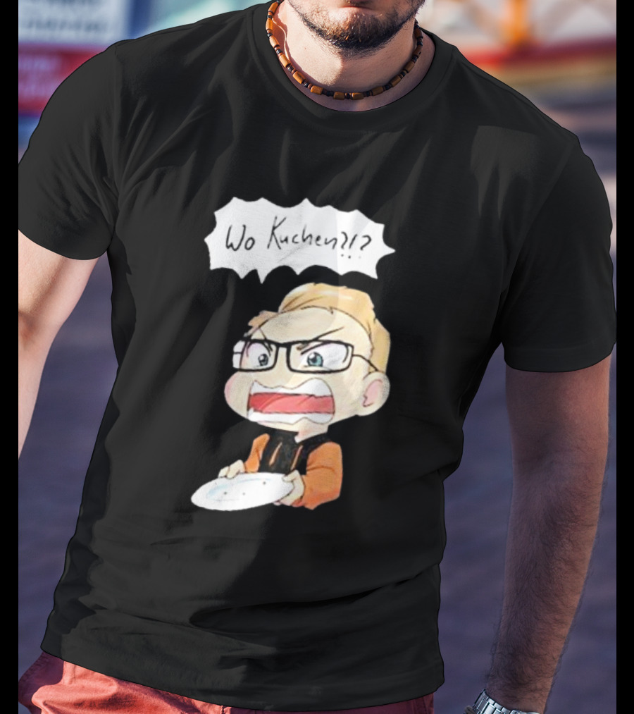 Wo Kuchen?? Cartoon Character With Glasses And Empty Plate T-Shirt