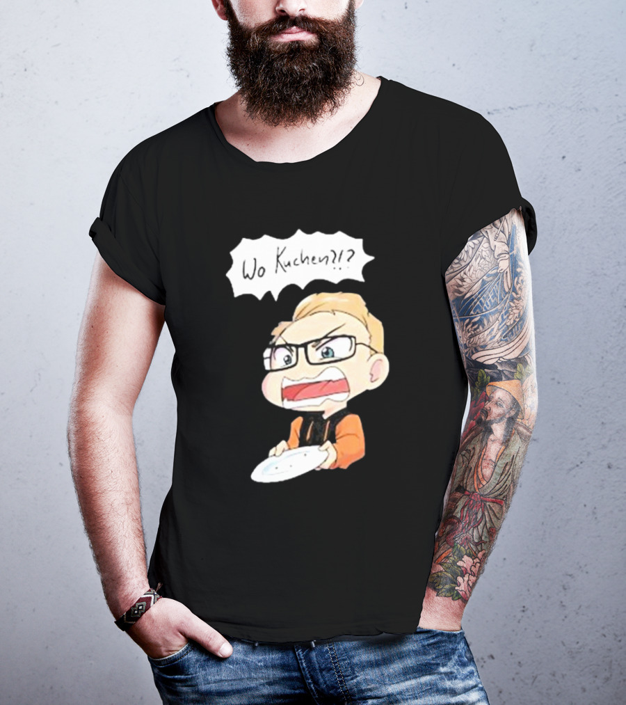 Wo Kuchen?? Cartoon Character With Glasses And Empty Plate T-Shirt