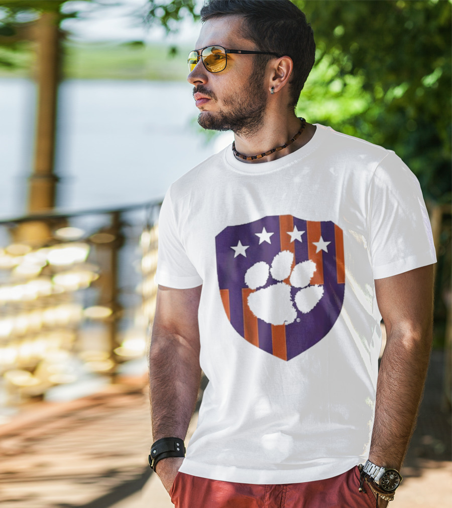 Clemson United Paw Print Shield With Four Stars Orange And Purple T-Shirt