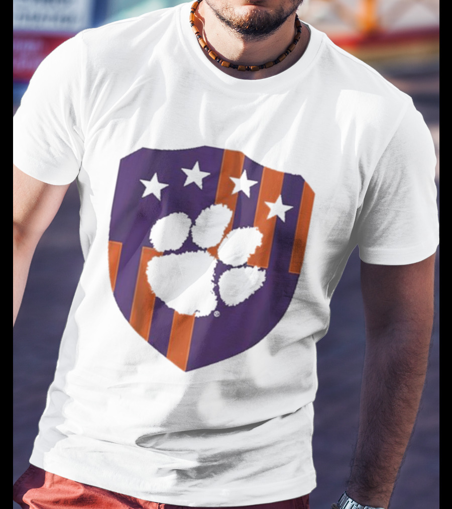 Clemson United Paw Print Shield With Four Stars Orange And Purple T-Shirt