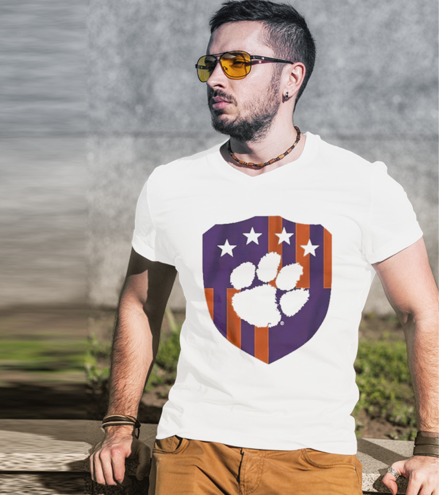 Clemson United Paw Print Shield With Four Stars Orange And Purple T-Shirt