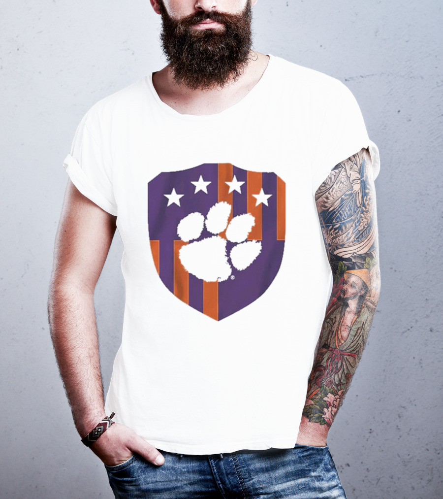 Clemson United Paw Print Shield With Four Stars Orange And Purple T-Shirt