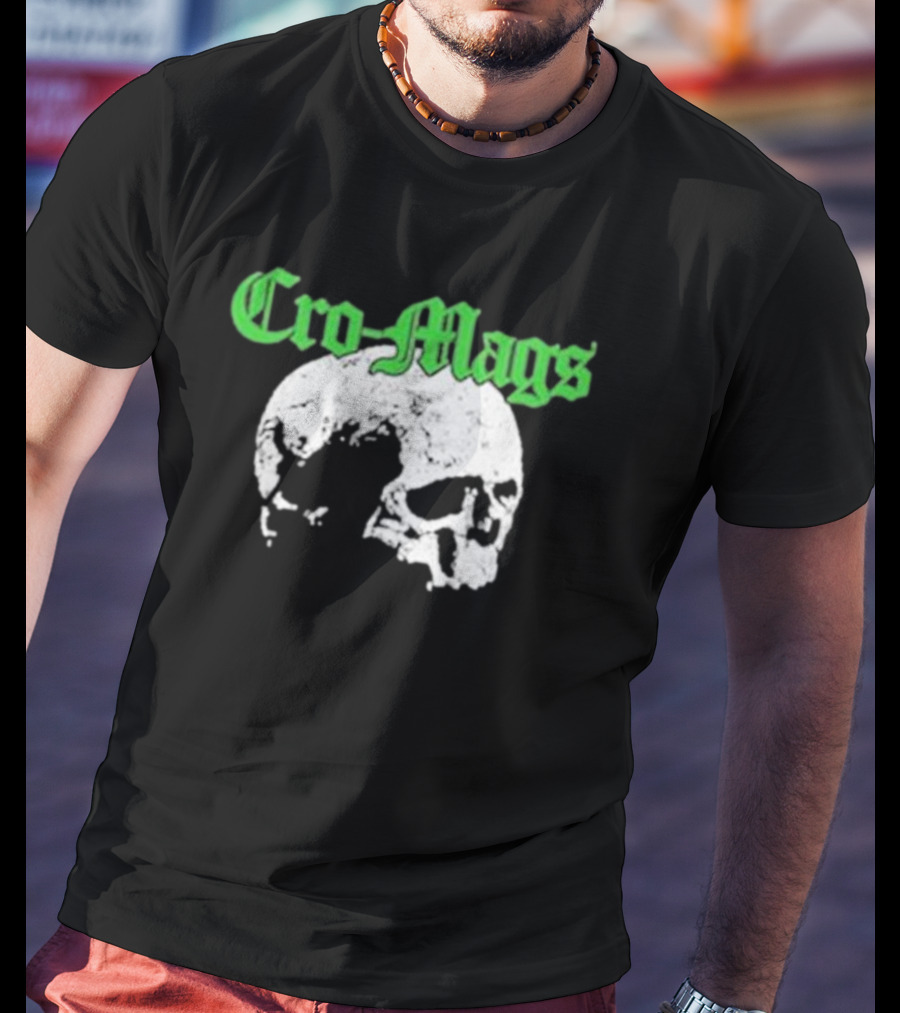 Cro Mags Green Text White Skull T-Shirt