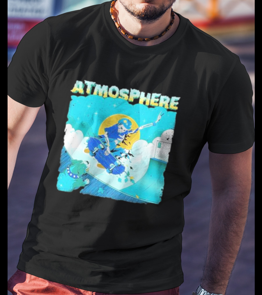 ATMOSPHERE Skateboarding Skeleton Dog Ramp Peace Sign T-Shirt
