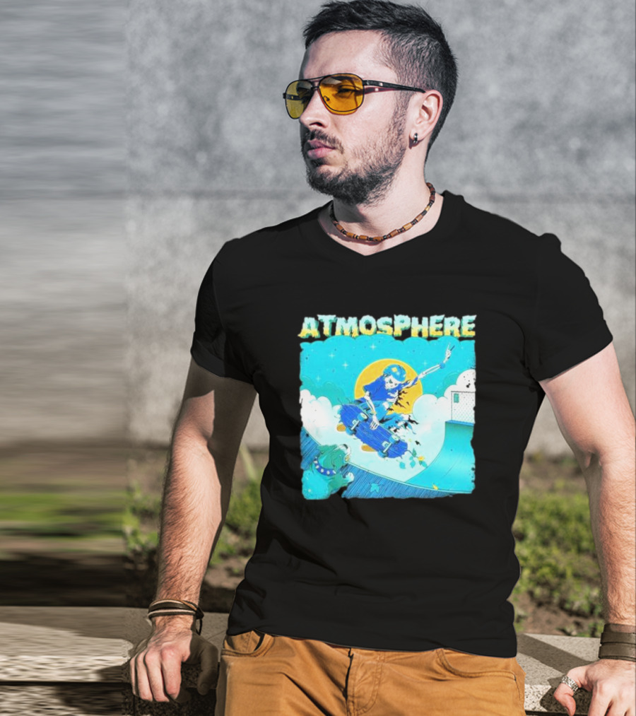ATMOSPHERE Skateboarding Skeleton Dog Ramp Peace Sign T-Shirt