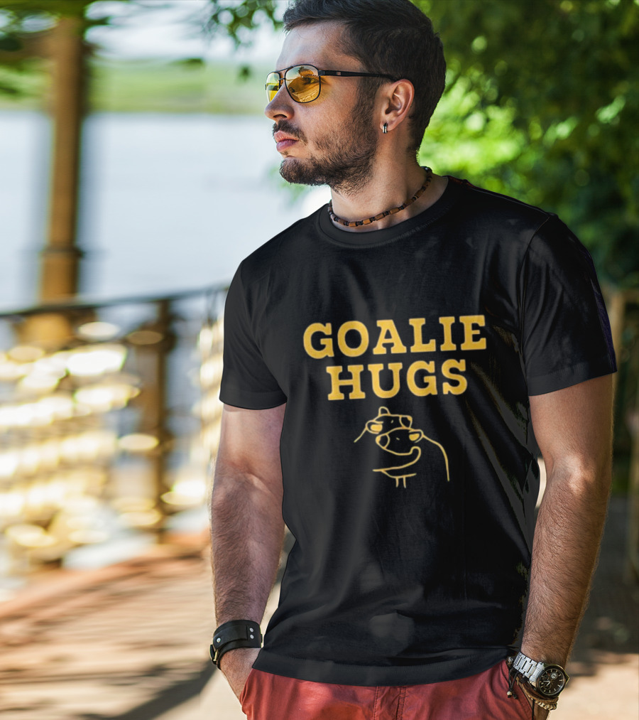 Boston Goalie Hugs Yellow Text With Embrace Outline T-Shirt