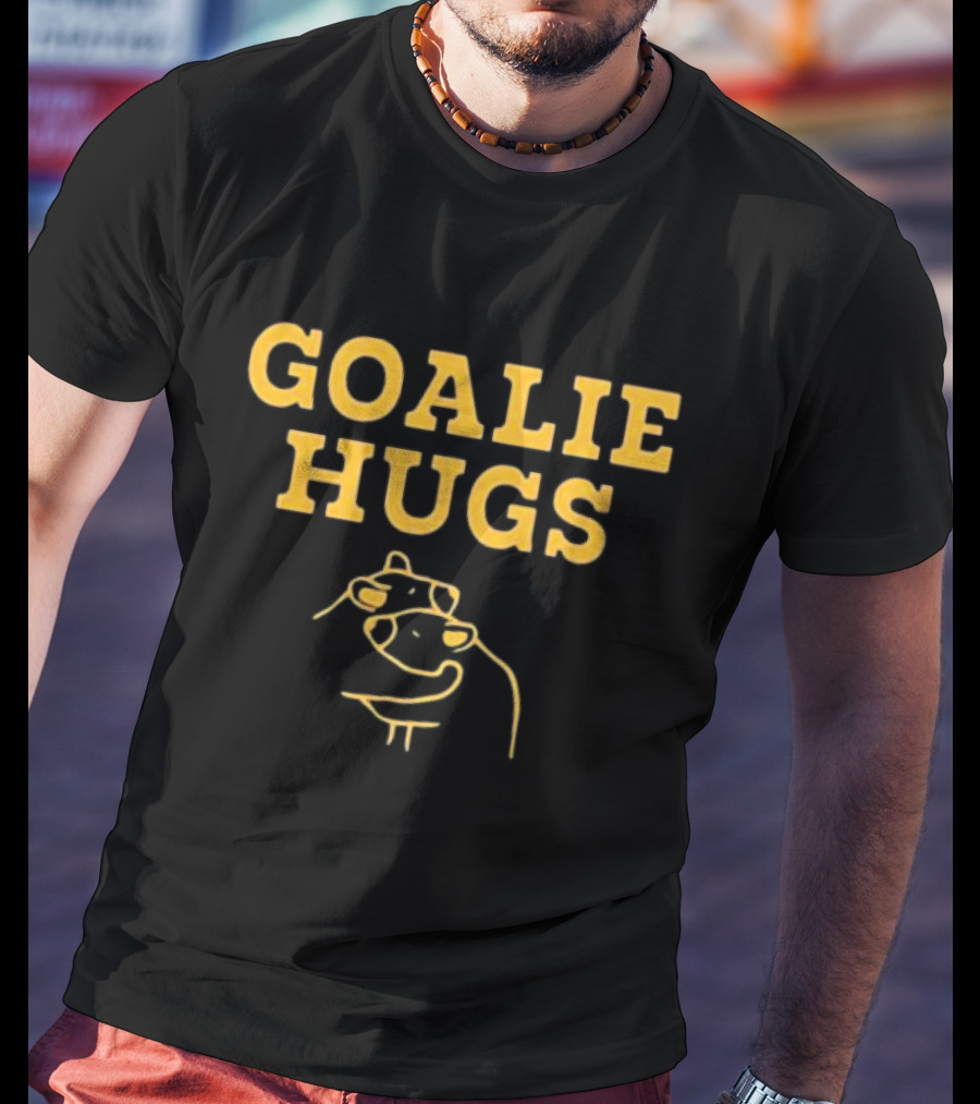Boston Goalie Hugs Yellow Text With Embrace Outline T-Shirt