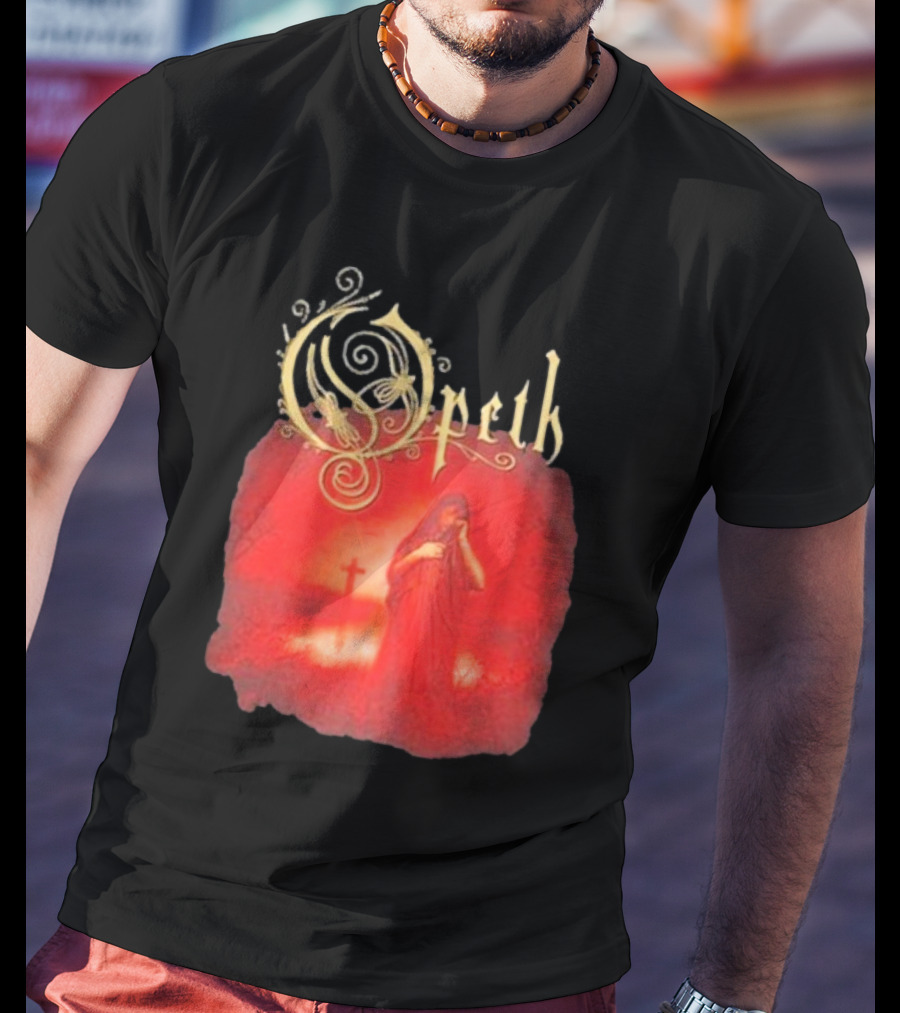 Opeth Still Life Gothic Red Cloaked Figure And Cross T-Shirt