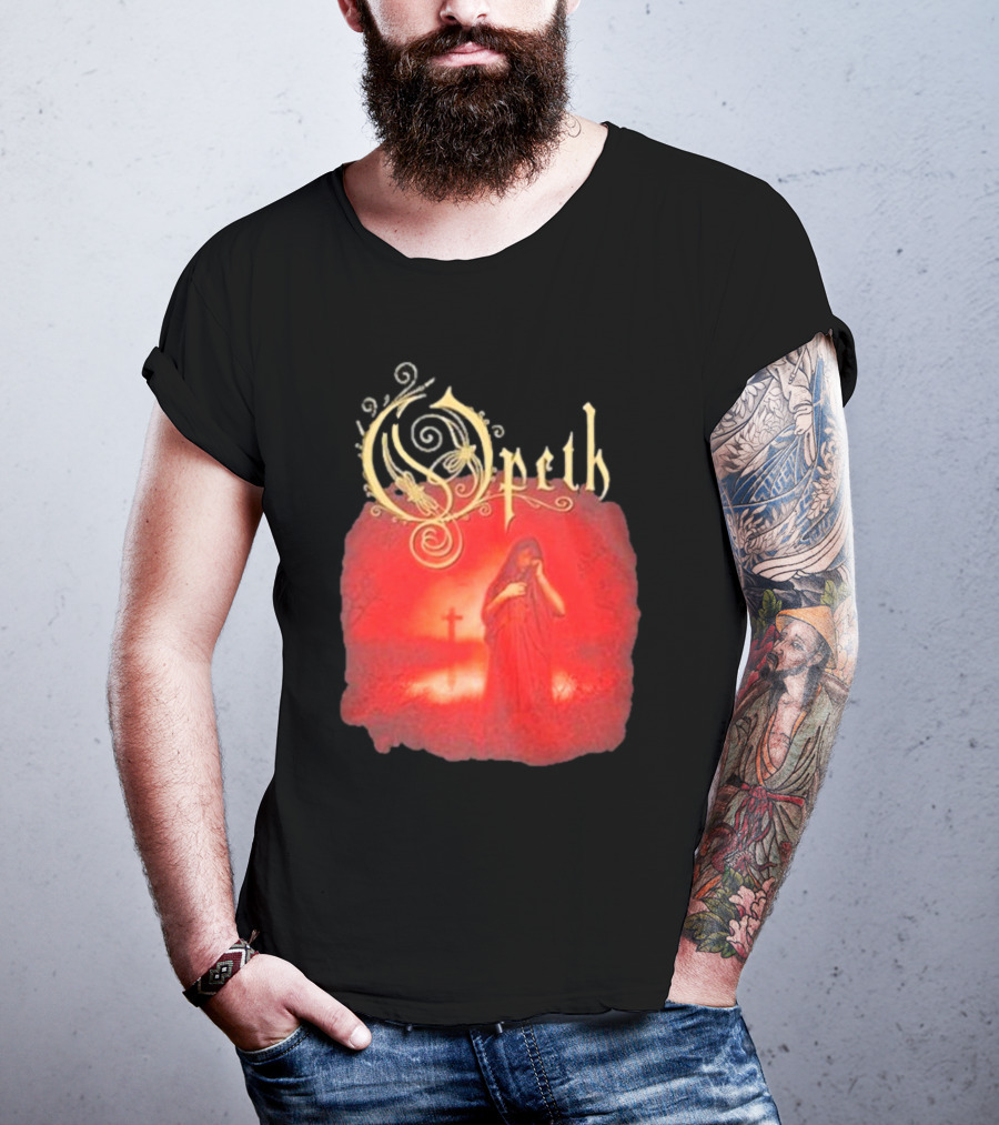 Opeth Still Life Gothic Red Cloaked Figure And Cross T-Shirt