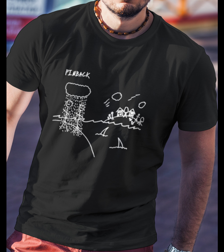 Pinback Stick Figures And Shark With Village Scene T-Shirt