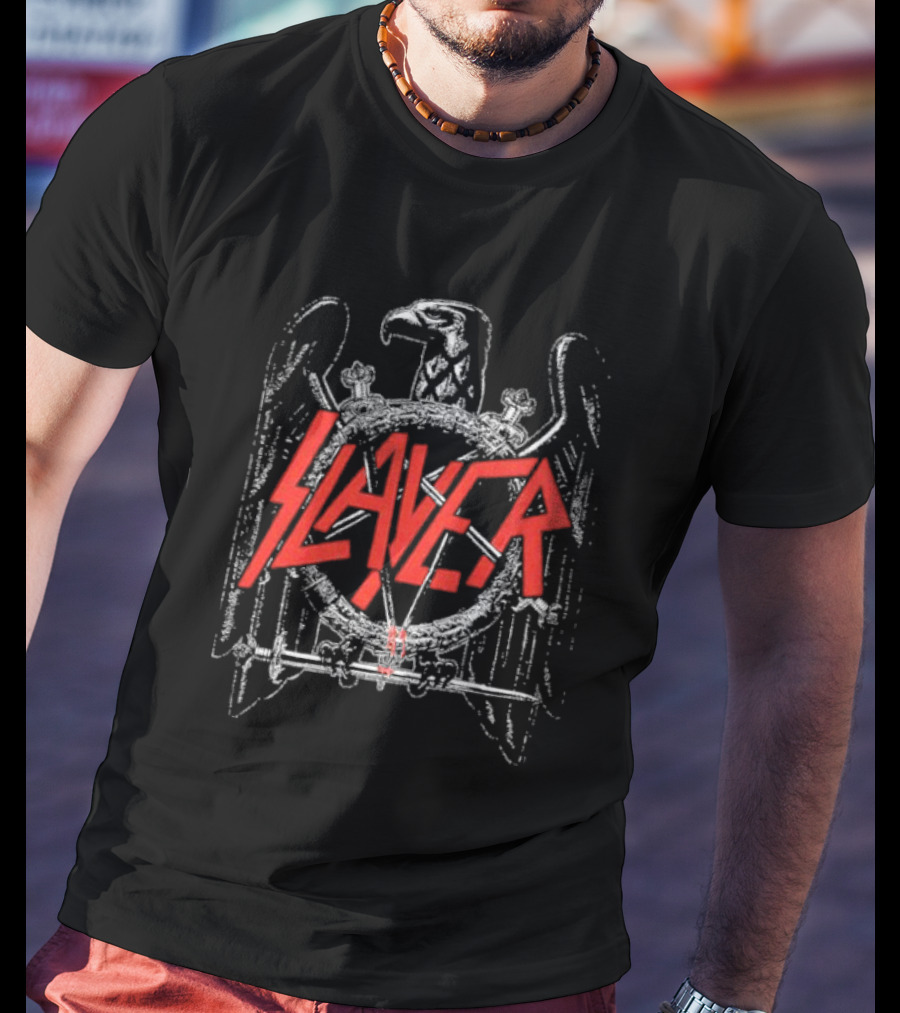 Slayer Black Eagle Logo With Red Text And Crossed Swords T-Shirt