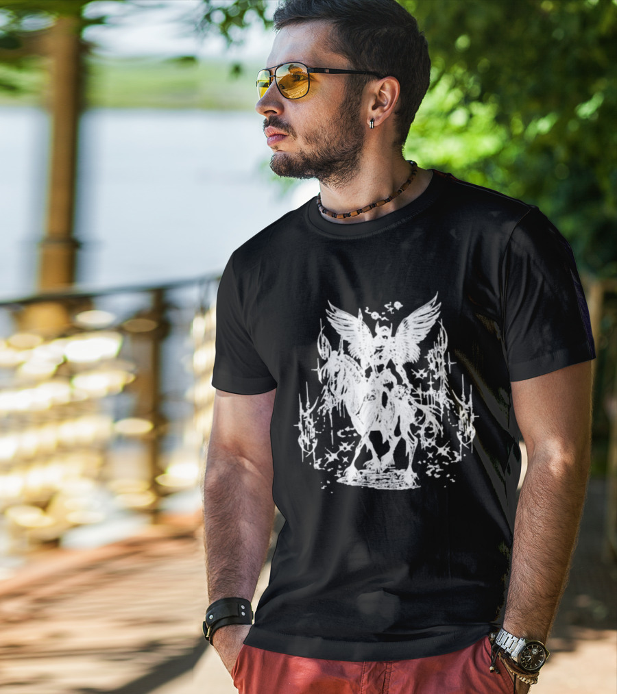 Valkyrae Vintage Dagger Angelic Horse Rider With Wings And Stars T-Shirt