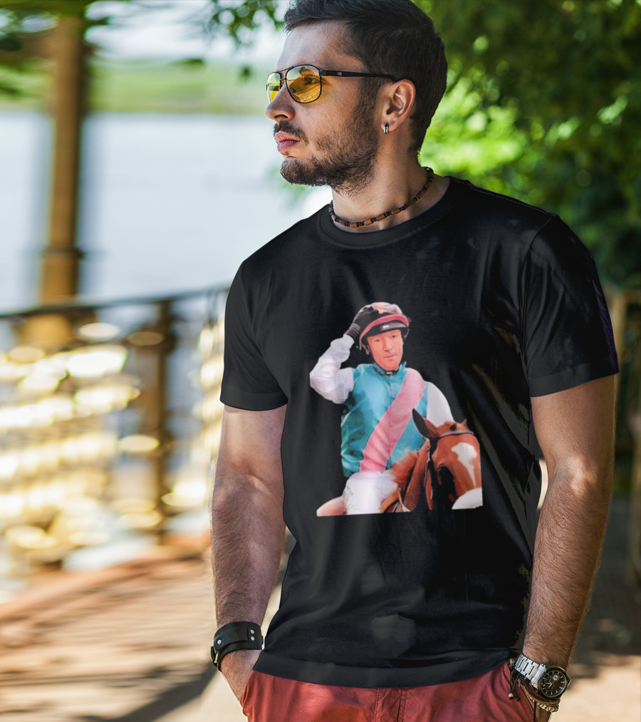 Frankie Dettori Cartoon Jockey Horse Racing Themed Image T-Shirt