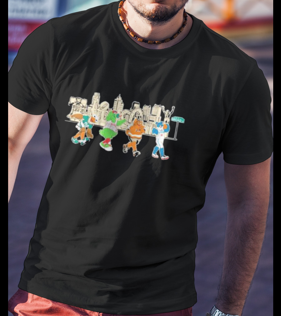 Philly Sports Team Mascot Parade Against City Skyline T-Shirt