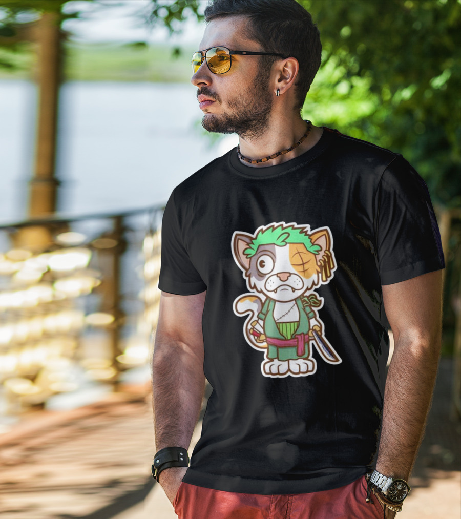 Roronoa Lingling Cat Pirate Anime Character Sword Green Hair Eye Patch T-Shirt