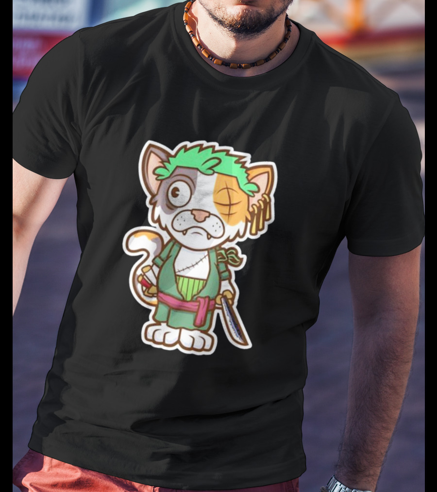 Roronoa Lingling Cat Pirate Anime Character Sword Green Hair Eye Patch T-Shirt
