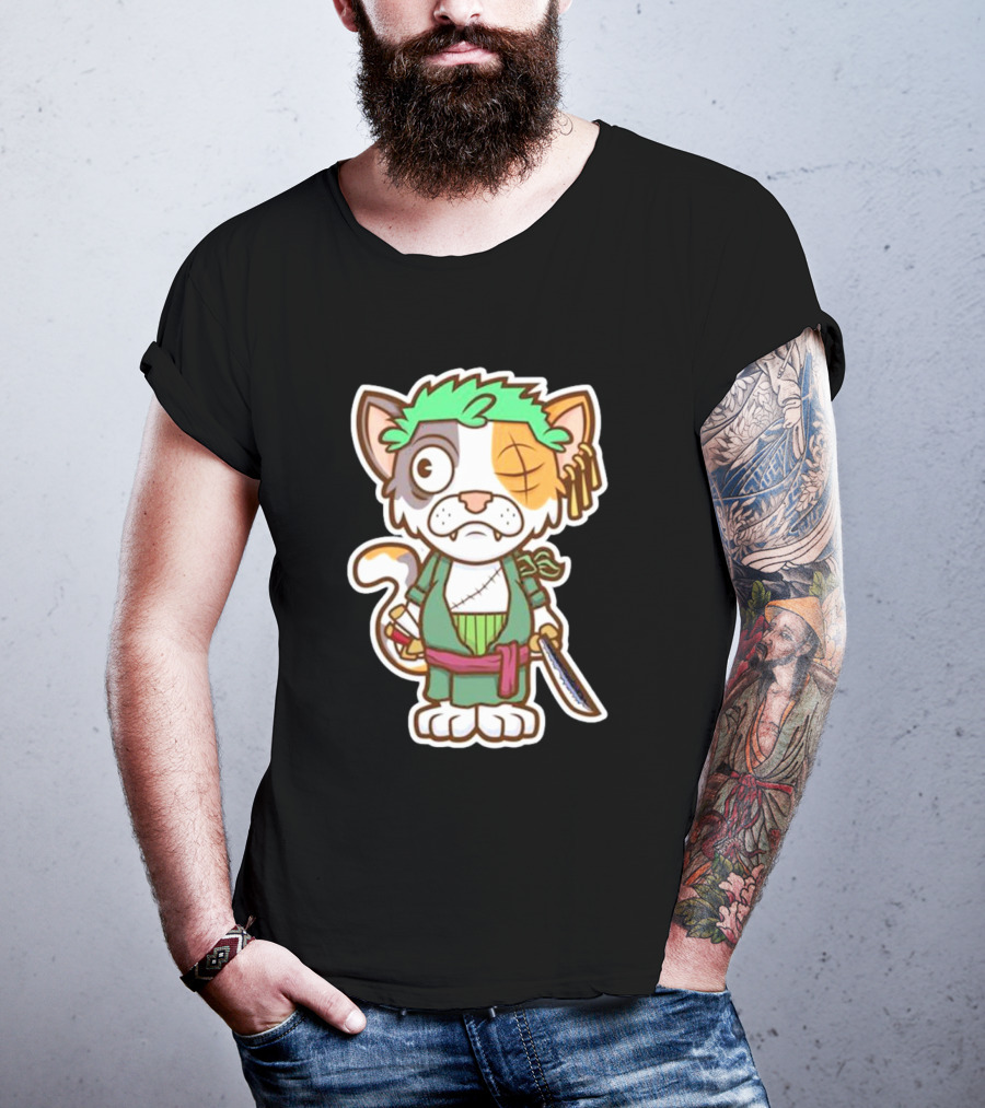Roronoa Lingling Cat Pirate Anime Character Sword Green Hair Eye Patch T-Shirt