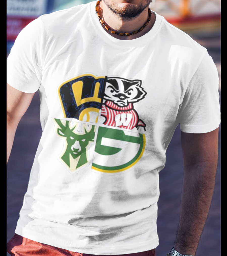 Milwaukee Brewers Packers Badgers Bucks Wisconsin Sports Quad T-Shirt
