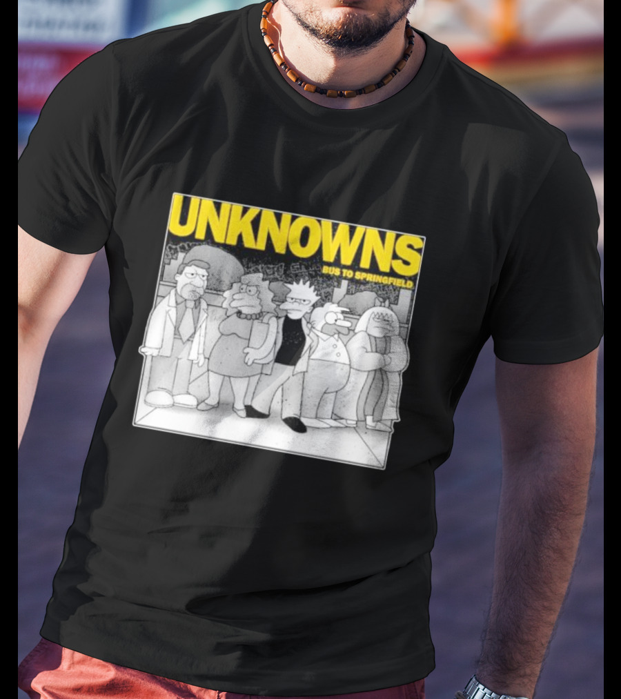 Unknowns Bus To Springfield Cartoon Characters In Black And White Scene T-Shirt