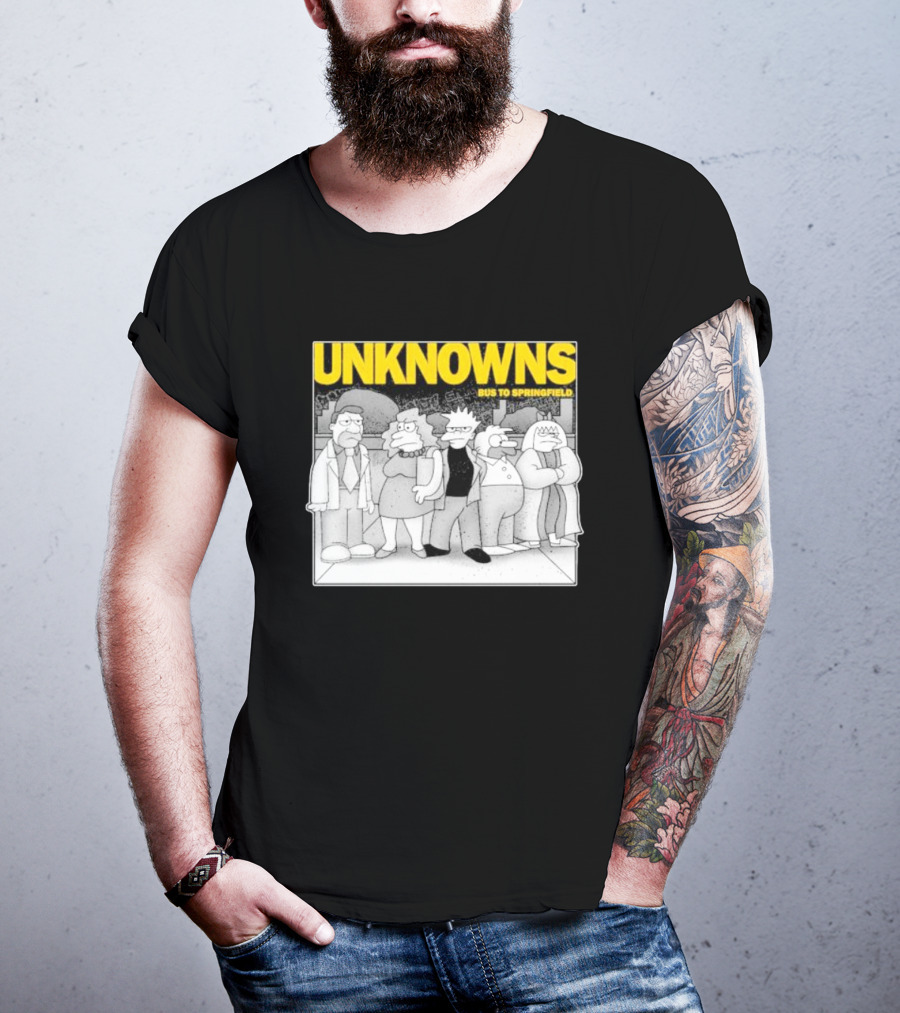 Unknowns Bus To Springfield Cartoon Characters In Black And White Scene T-Shirt