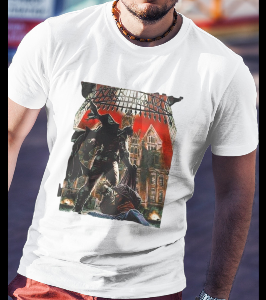 Batman Arkham Asylum Gothic Gate Dynamic Red Background Scene T-Shirt
