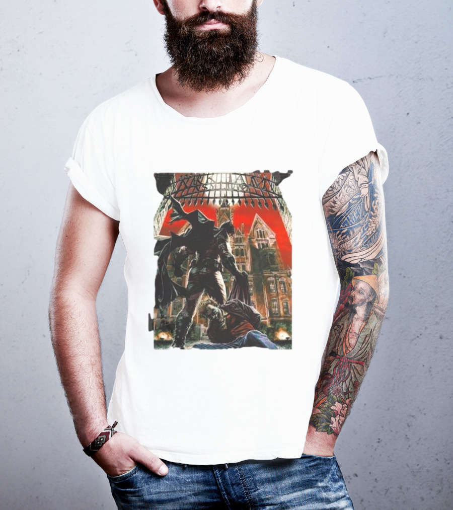 Batman Arkham Asylum Gothic Gate Dynamic Red Background Scene T-Shirt