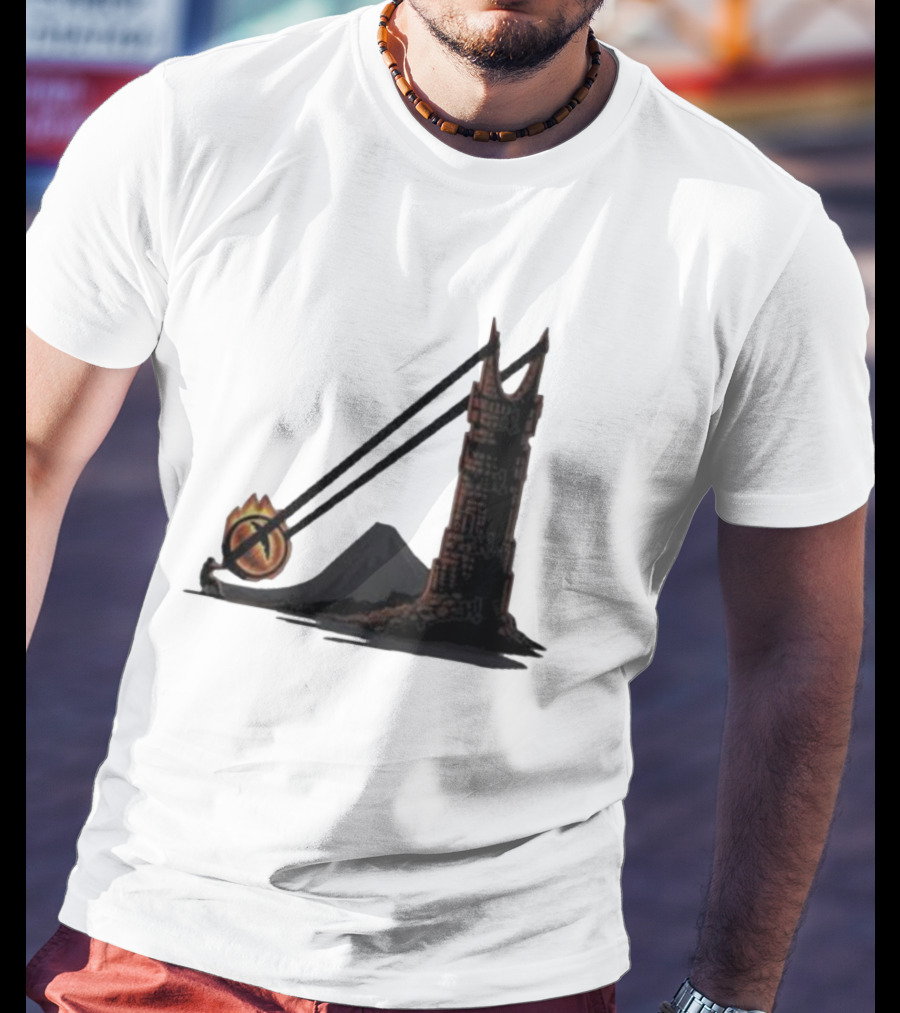 Dark Slingshot Eye Tower With Mountain In Background T-Shirt