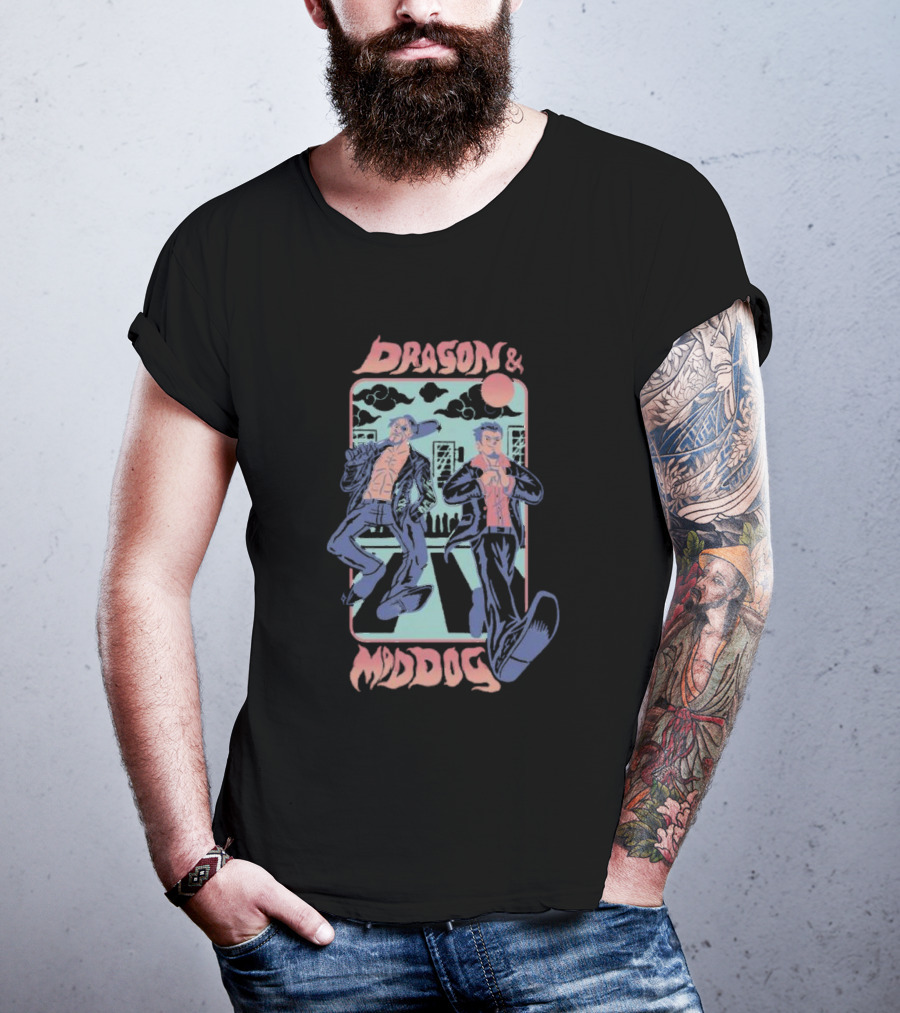 Dragon And Mad Dog Retro Cartoon Nighttime Adventure T-Shirt