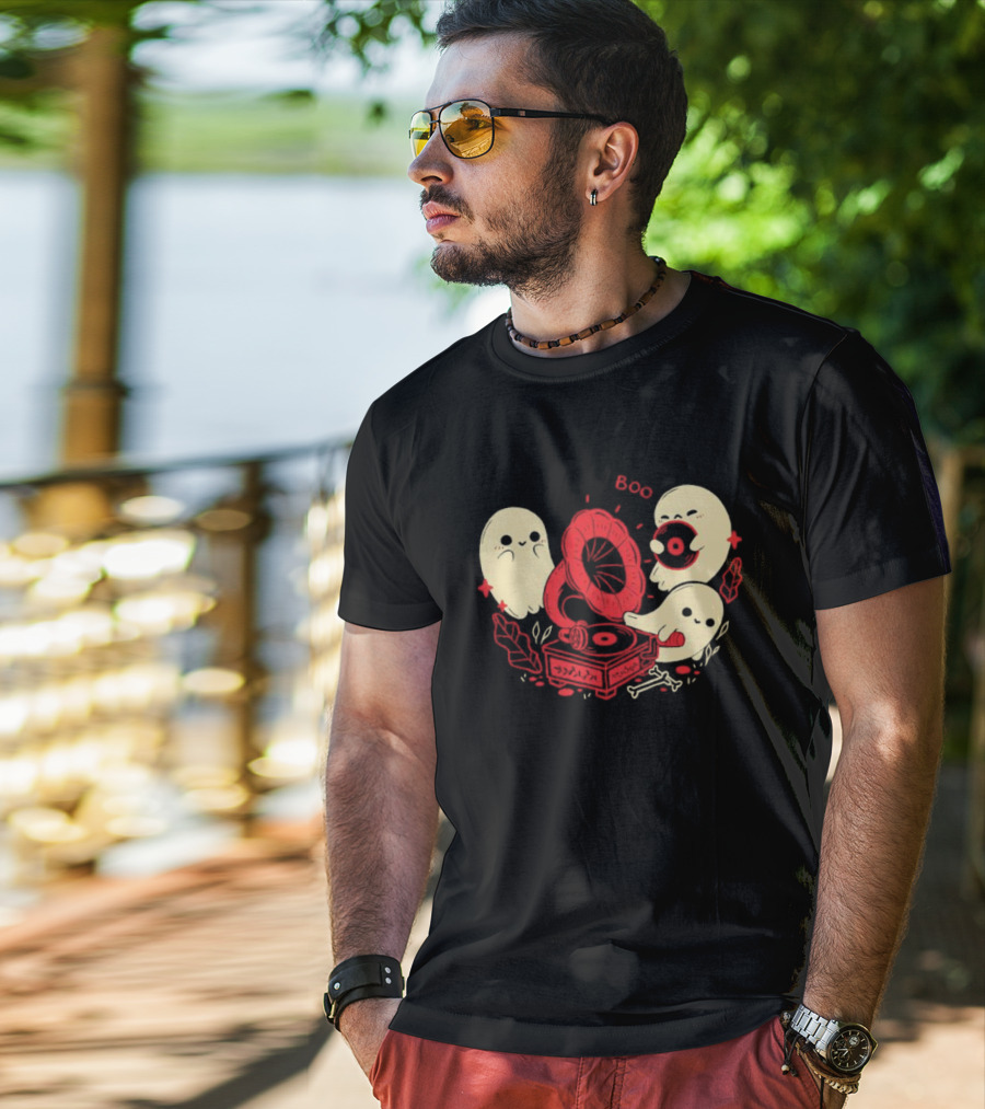 Boo Cute Gramophone Record Spooky Ghosts T-Shirt