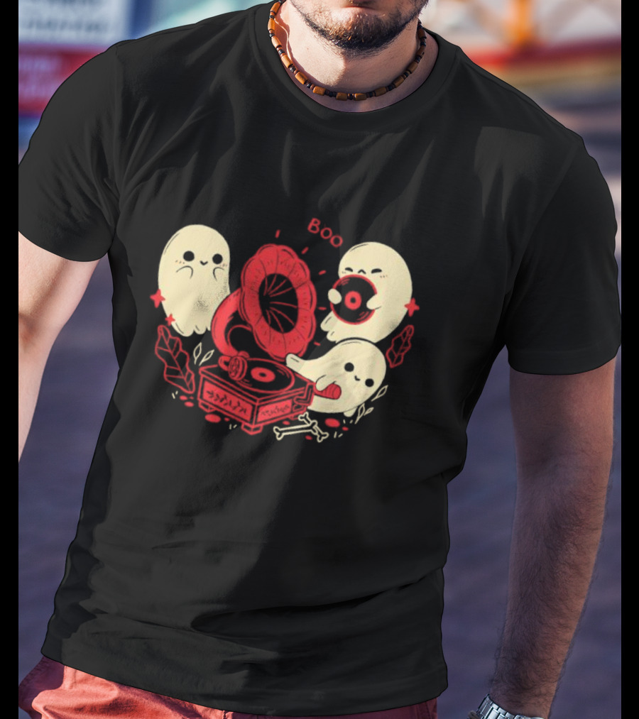Boo Cute Gramophone Record Spooky Ghosts T-Shirt