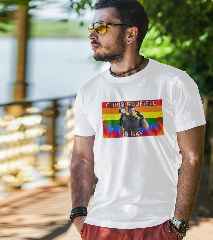 Chris Redfield Is Gay Rainbow Background Flames T-Shirt