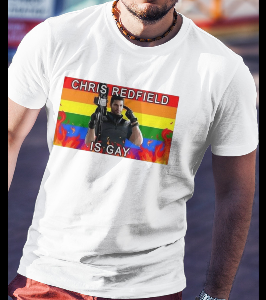Chris Redfield Is Gay Rainbow Background Flames T-Shirt