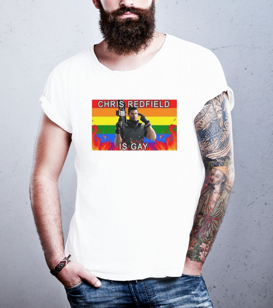 Chris Redfield Is Gay Rainbow Background Flames T-Shirt