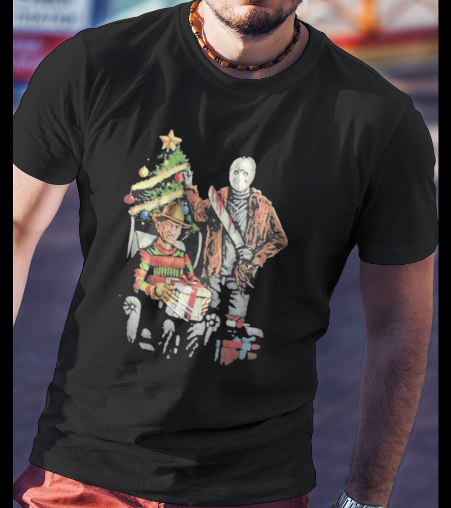 Jason Voorhees Freddy Krueger Christmas Horror Icons Holiday Scene T-Shirt
