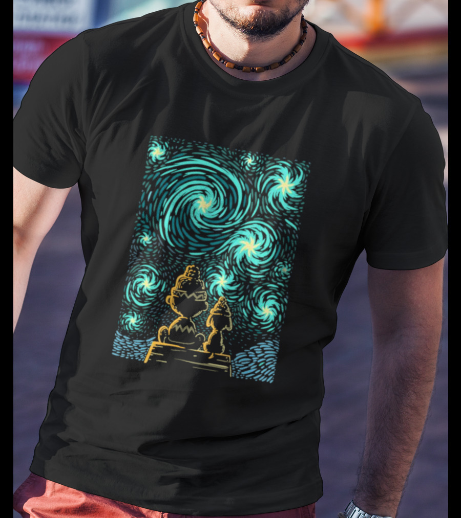 Peanuts Snoopy And Charlie Brown Starry Winter Night Scene T-Shirt
