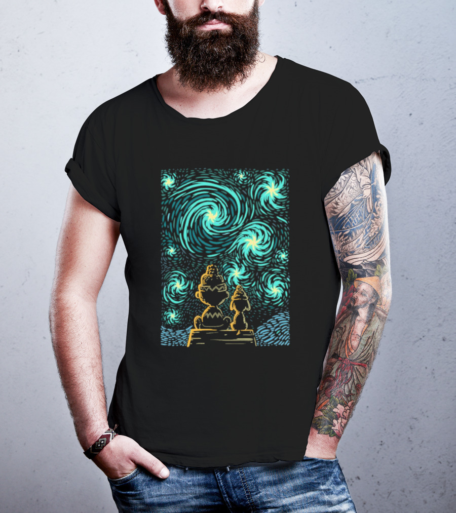 Peanuts Snoopy And Charlie Brown Starry Winter Night Scene T-Shirt