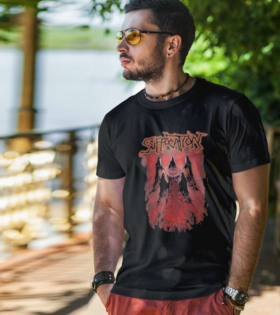 Suffocation Blood Oath Album Art Fiery Red Mountains And Eye T-Shirt