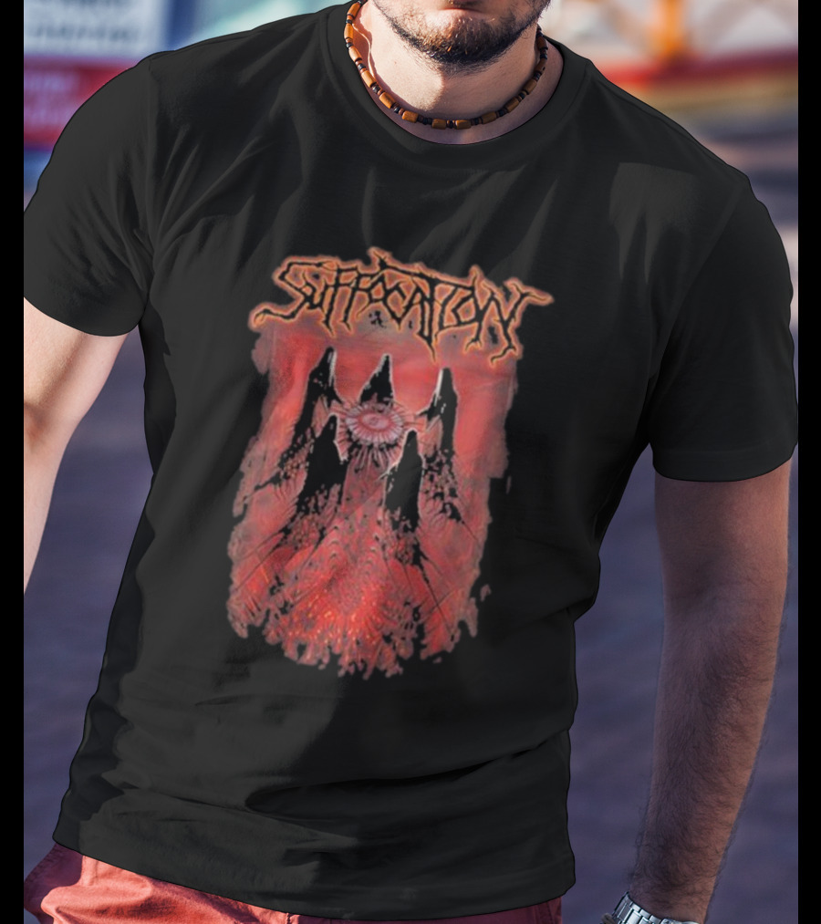 Suffocation Blood Oath Album Art Fiery Red Mountains And Eye T-Shirt