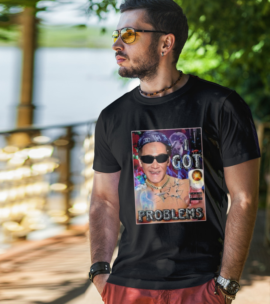 The Jersey Outlaw I Got Problems Colorful Portrait With Sunglasses And Explosive Background T-Shirt