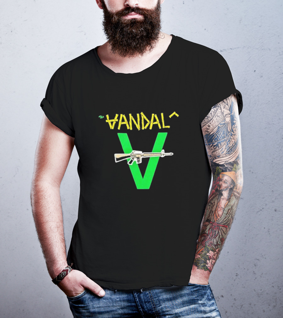 The Vandals Yellow Text Green V Rifle Image T-Shirt