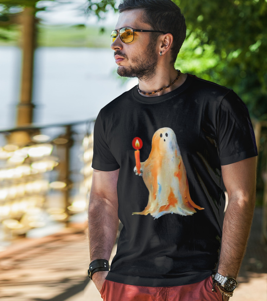 Quality Halloween Candle Holding Ghost T-Shirt
