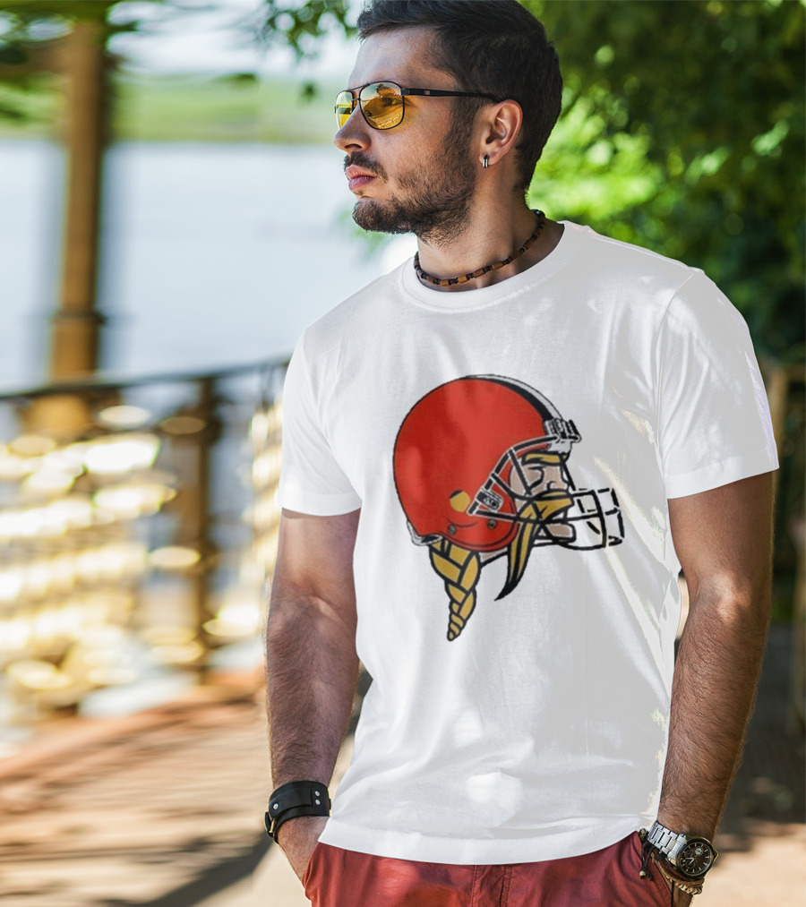 Quality Jay Cuda Browns Vikings Dual Logo Helmet T-Shirt