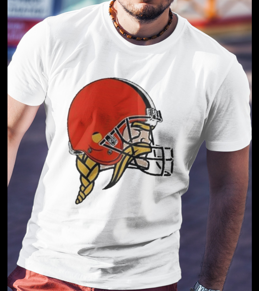 Quality Jay Cuda Browns Vikings Dual Logo Helmet T-Shirt