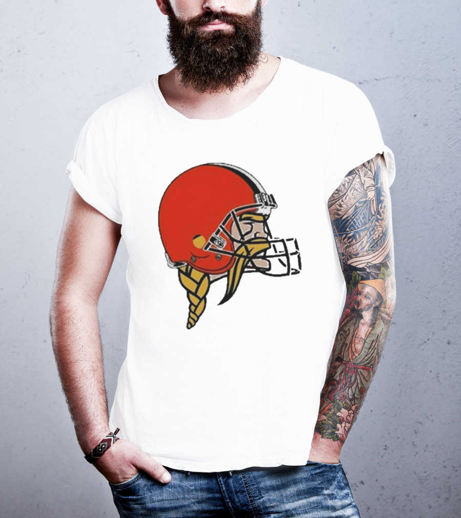 Quality Jay Cuda Browns Vikings Dual Logo Helmet T-Shirt