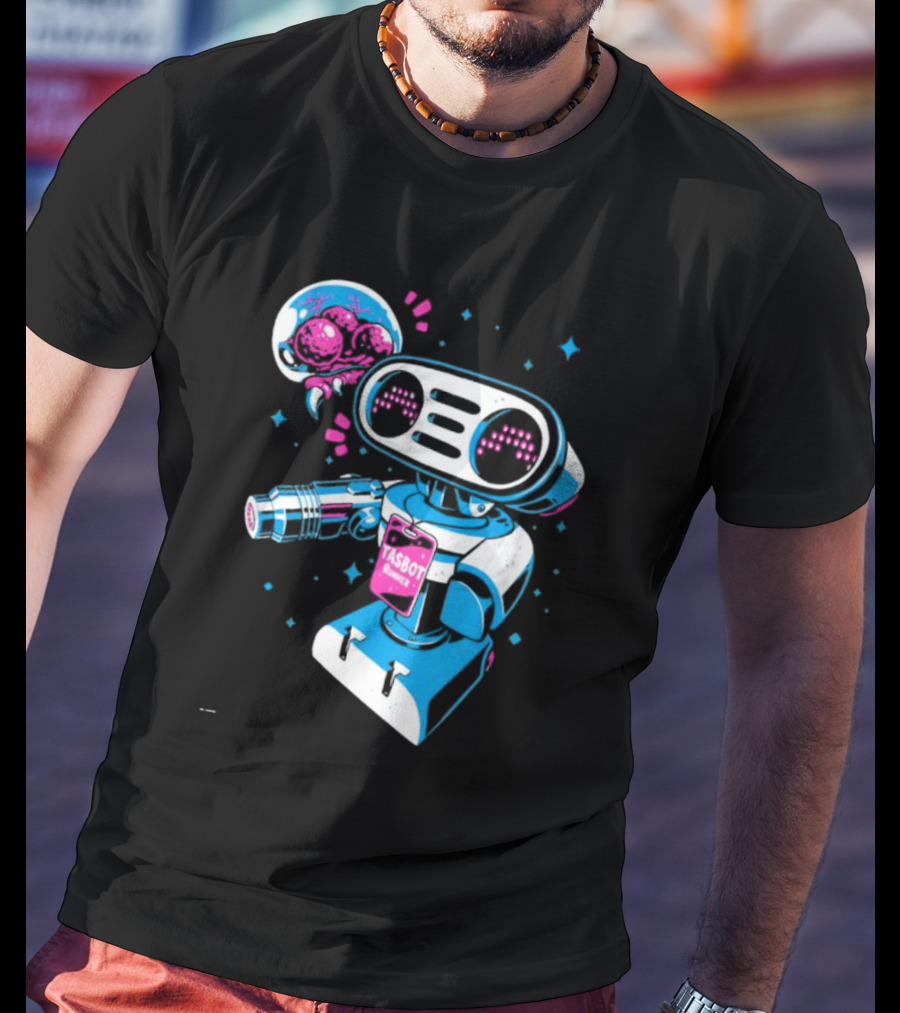 Tasbeam Tasbot Runner Robot With Alien Planet And Retro Sci-Fi Elements T-Shirt
