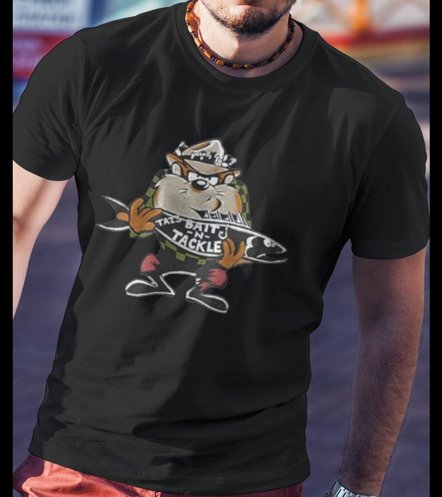 Taz Bait N Tackle Vintage 90s Cartoon Character Holding Fish T-Shirt