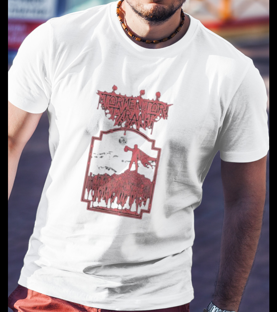 Tormentor Tyrant Red Figure Standing Amidst Crowd Under Moon T-Shirt